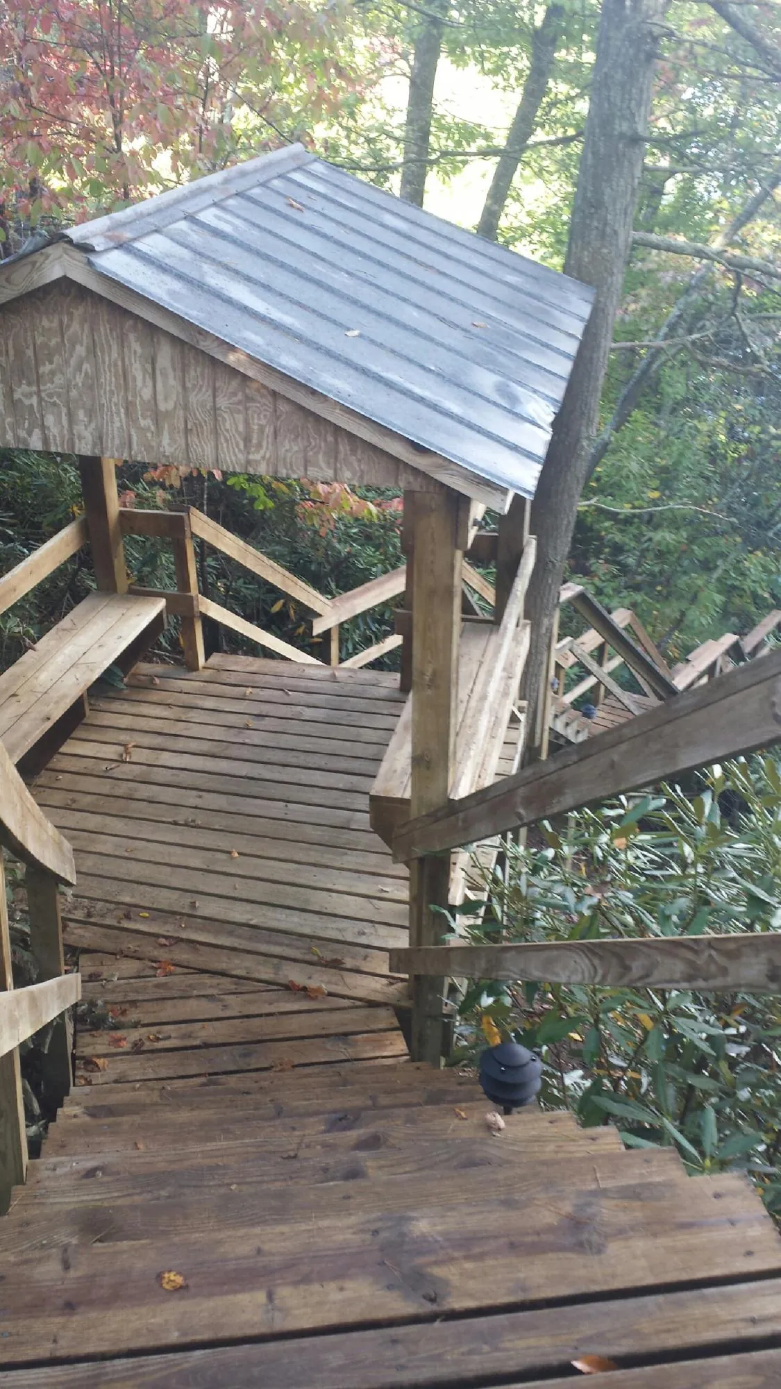 Metal roofed shelter over wooden steps on a wooded walkway — Skylight Repair & Installation work by our crew in Cottonwood